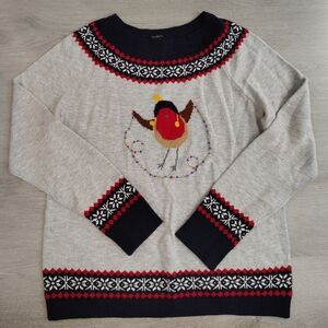 Talbots Festive Gray Sweater with Red and Black Details Size Large